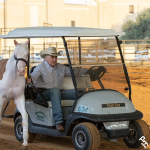 A horse being walked by a golf cart.