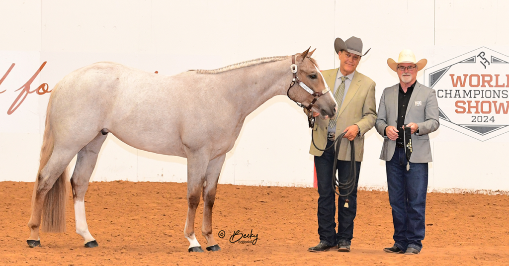 LMK Roan N Sugar and trainer, John Kayser receiving a finalist medallion.