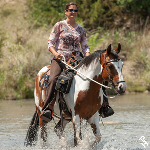 Paint Horse and rider on a trail ride.