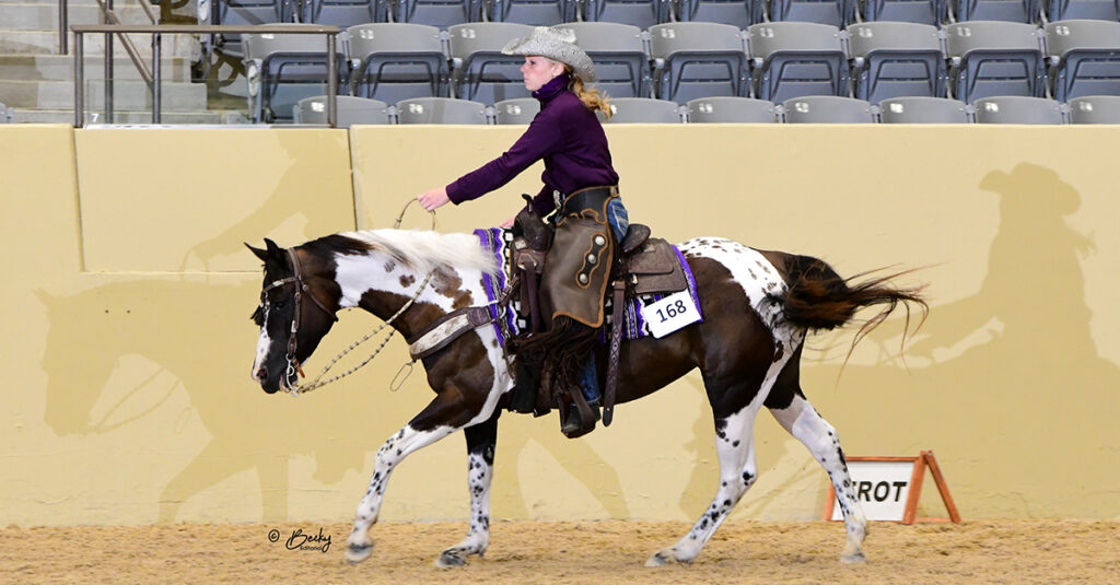 A Paint Horse showing in a ranch class.